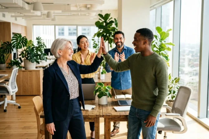 Culture is built in small, repeated moments of recognition. A mentor or leader recognizing a team member's good work in a collaborative, warm office setting to reinforce a positive organizational culture.