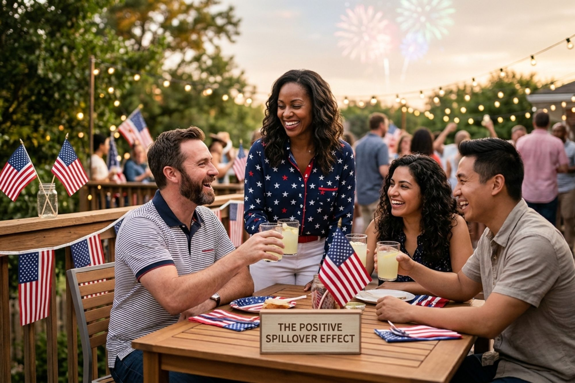 The Positive Spillover Effect – 4th of July Celebration A diverse group of friends laughing and celebrating Independence Day at an outdoor backyard gathering with American flags and fireworks in the background, featuring a wooden sign that reads "The Positive Spillover Effect